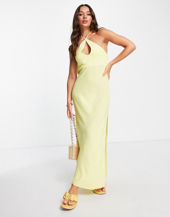 Asos Design Wrap Neck Maxi Dress With Thigh Split In Mandarin-yellow