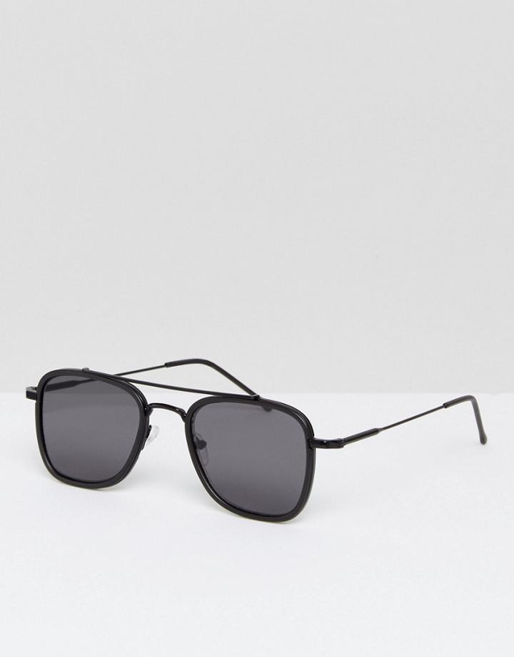 New Look Square Sunglasses With Metal Brow Bar In Black - Black