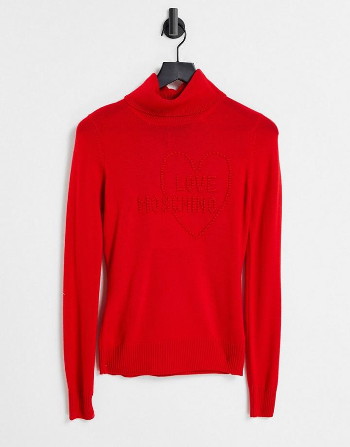 Love Moschino Logo Front Roll Neck Sweater In Red
