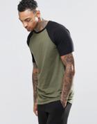 Asos Longline T-shirt With Contrast Raglan Sleeves In Khaki/black - Rifle Green Body