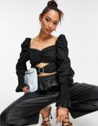 River Island Puff Sleeve Cut-out Crop Top In Black