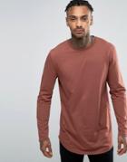 Asos Relaxed Longline Long Sleeve T-shirt With Curve Hem In Rust - Red