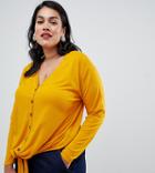 New Look Curve Button Through Tie Front Top In Mustard - Yellow
