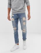 Asos Design Slim Jeans In Vintage Light Wash Blue With Heavy Rips - Blue