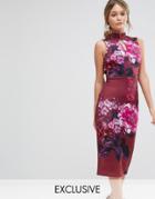 True Violet High Neck Pencil Dress With Mandarin Collar And Cap Sleeve - Multi