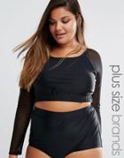 Monif C Curve Black Mesh Sleeved Bikini Crop Top - Black