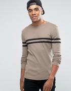 Asos Rib Extreme Muscle Long Sleeve T-shirt With Stripe - Brown
