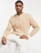 Asos Design Muscle Fit Long Sleeve Waffle T-shirt With Contrast Banded Collar-neutral