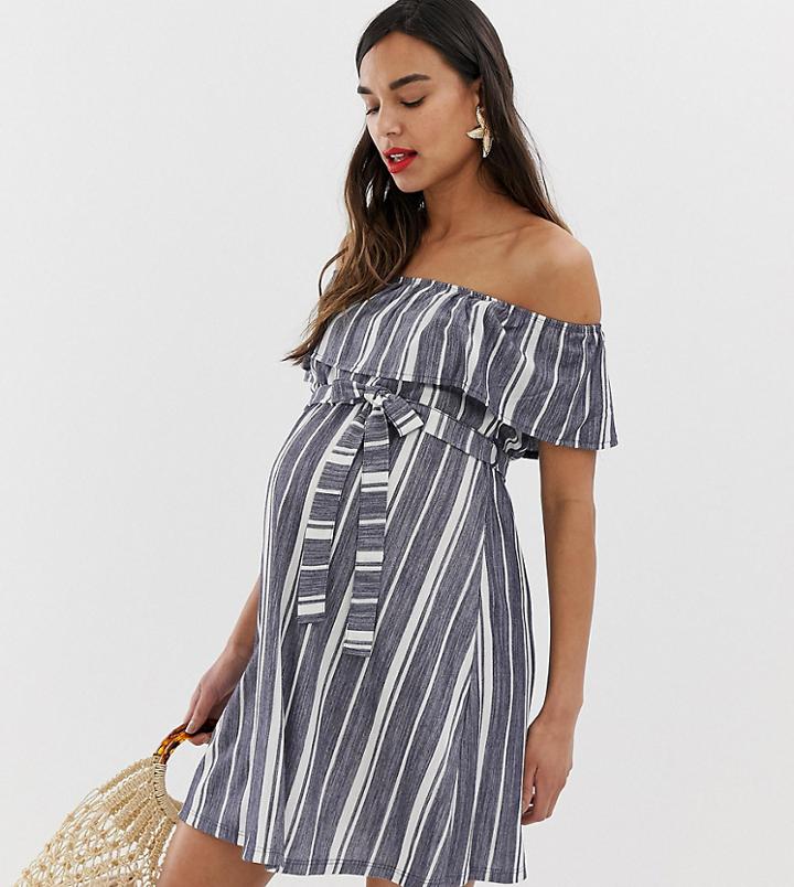 Asos Design Maternity Off Shoulder Pique Stripe Sundress With Belt-multi