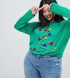 Brave Soul Plus Christmas Tree Sweater With Pom Poms - Green