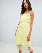 Vila Pleated Ruffle Midi Dress With Lace Hem In Yellow