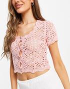 Monki Mikki Crochet Knitted Cardigan Top With Scoop Neck In Pink
