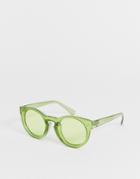Asos Design Crystal Plastic Round Sunglasses In Green With Laid On Green Lens - Green