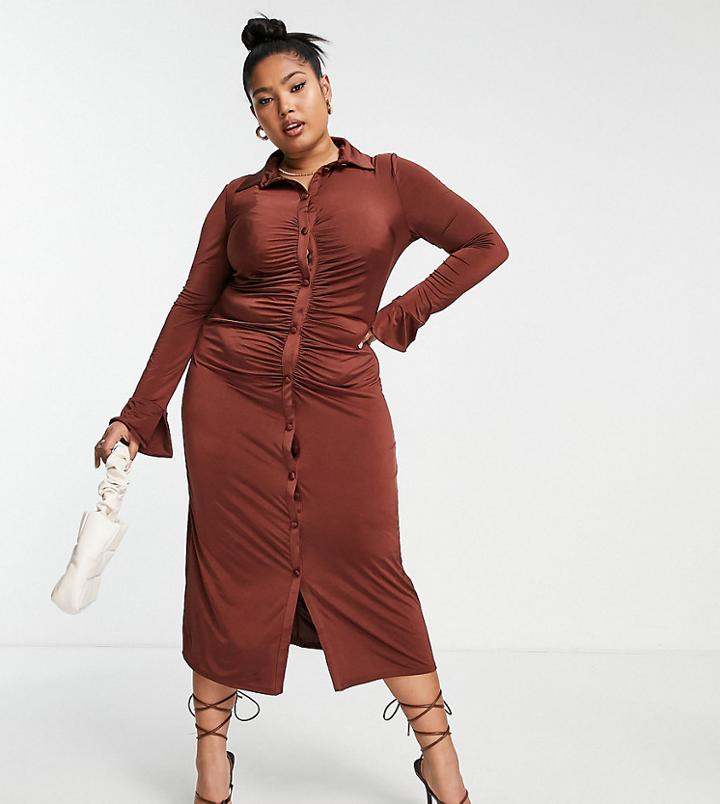 Asos Design Curve Slinky Slim Fitted Midi Shirt Dress With Ruching In Brown
