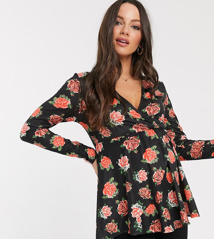 Asos Design Maternity Exclusive Long Sleeve Wrap Top In Rose Print-multi