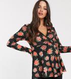 Asos Design Maternity Exclusive Long Sleeve Wrap Top In Rose Print-multi