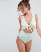 Asos Lemon Print Tie Front Cut Out Swimsuit - Multi