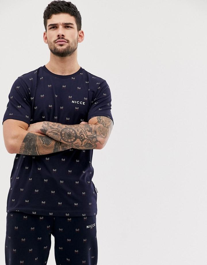 Nicce T-shirt With All Over Logo In Navy - Navy