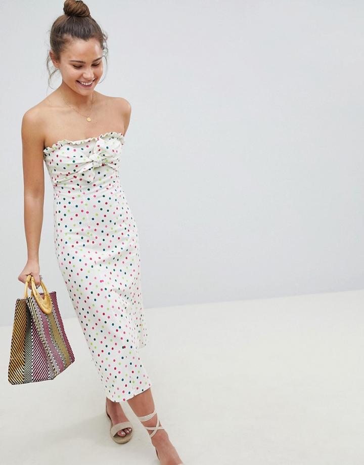 Asos Design Bandeau Bow Front Midi Sundress In Polka Dot - Multi