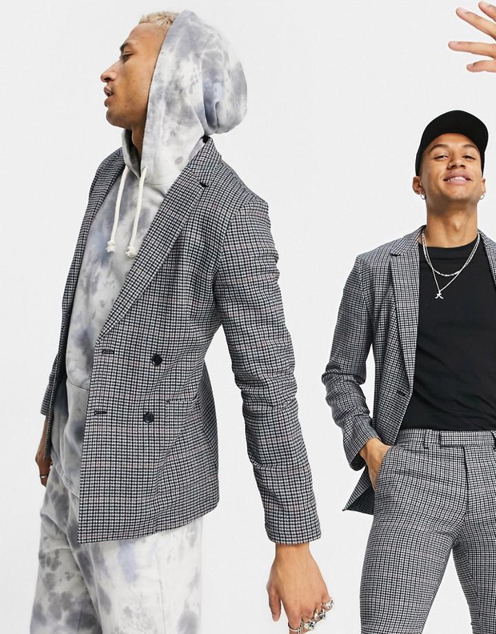 Asos Design Super Skinny Soft Tailored Wool Mix Suit Jacket In Blue Micro With Grid Check-blues