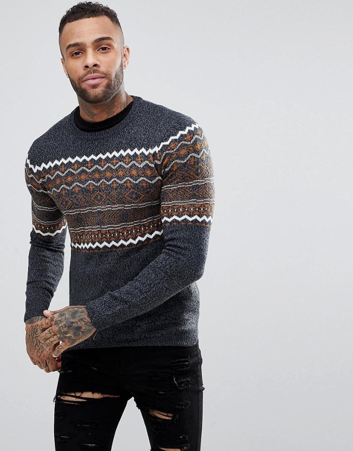 Pull & Bear Fair Isle Sweater In Dark Gray - Gray