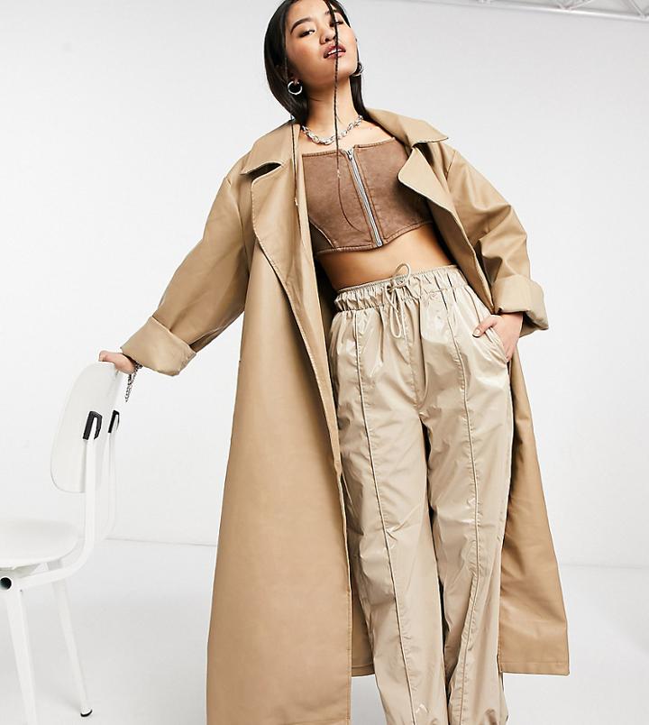 Collusion Longline Pu Coat In Ecru-green