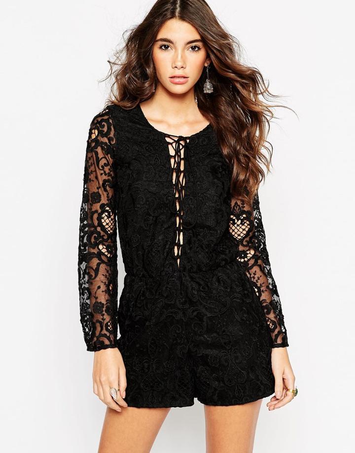 Asos Premium Lace Romper With Lattice Tie Front - Black $28.00