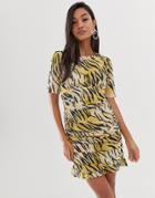 Asos Design Ruched Side Mini Dress In Natural Tiger Print - Multi