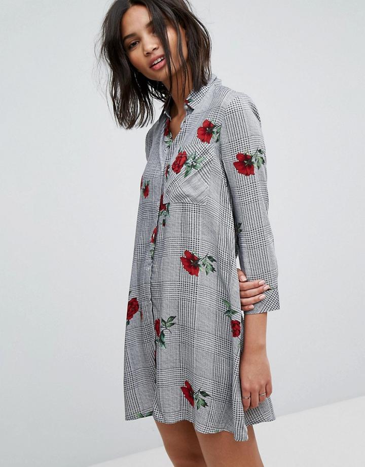 Stradivarius Floral Mini Shirt Dress - Gray