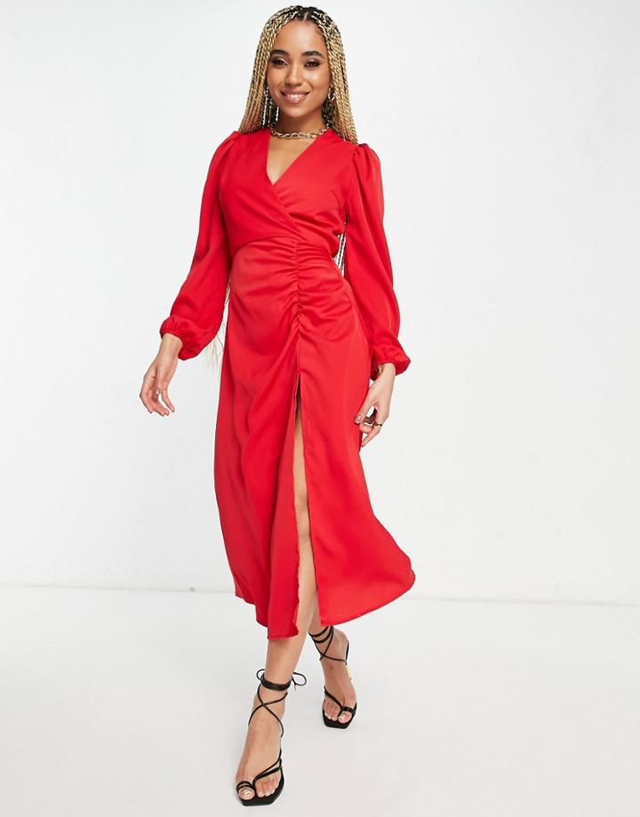 Ax Paris Midi Dress With Plunge Front In Red