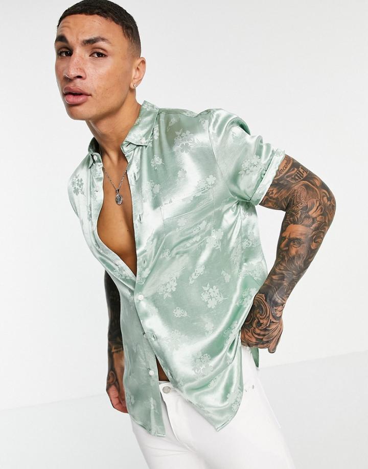 Asos Design Regular Fit Shirt In Mint Floral Jaquard-green