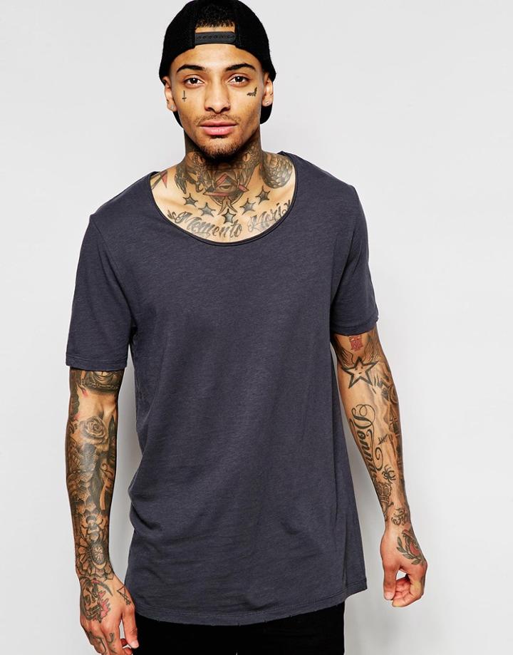 Asos Longline T-shirt In Slub Fabric With Scoop Neck In Ebony - Ebony
