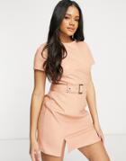 Missguided Faux Leather Belted Dress With Bust Detail In Peach-orange