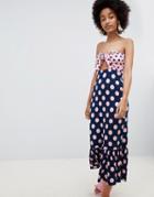 Asos Design Bandeau Tie Front Maxi Sundress In Contrast Polka Dot - Multi
