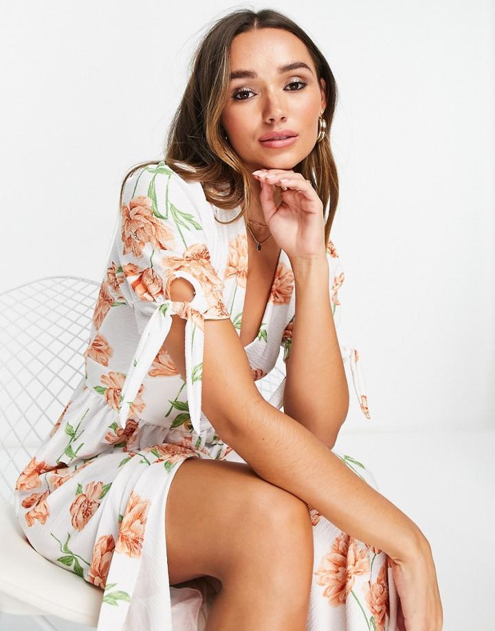 River Island Floral Print Tie Sleeve Midi Dress In White