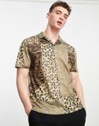 Asos Design Relaxed Revere Polo T-shirt In Mixed Animal Print-neutral