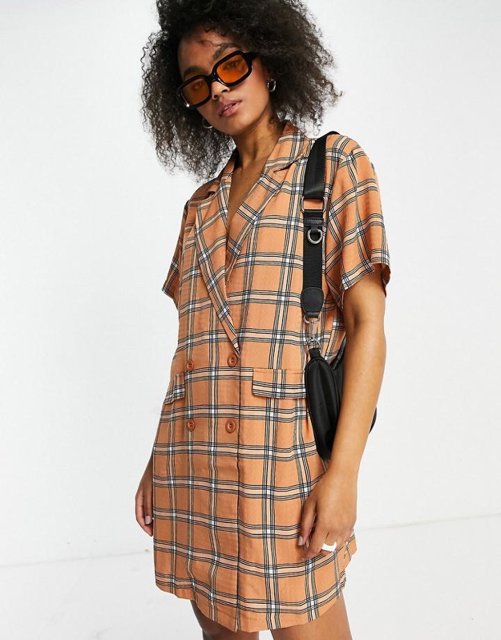 Lola May Double Breasted Blazer Dress In Orange Check