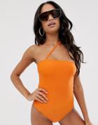 Asos Design Recycled Cross Neck Bandeau Sleek Swimsuit In Neon Orange - Orange