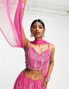 Maya Linear Embellished Lehenga Crop Top In Pink