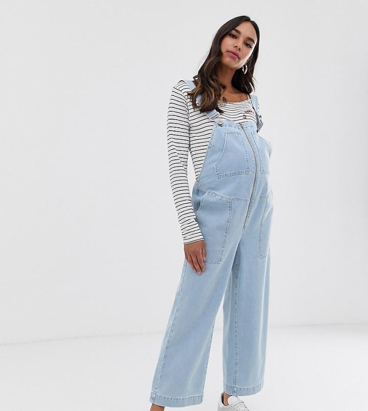 Asos Design Maternity Denim Utility Overall In Lightwash - Blue