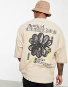 Asos Design Oversized T-shirt In Beige With Flower Back Print-neutral