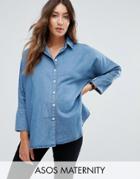 Asos Maternity Denim Shirt With Batwing Sleeve In Mid Blue Wash - Blue