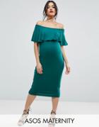 Asos Maternity Midi Bardot Pencil Dress With Ruffle - Green