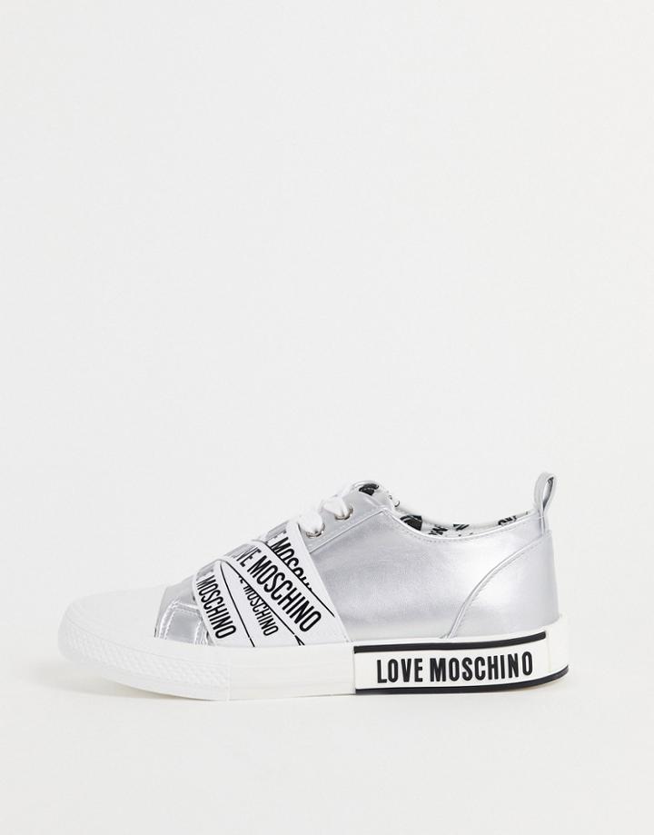 Love Moschino Lace Up Sneakers In Multi Logo Print In Silver