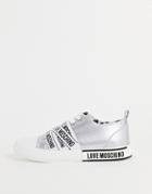 Love Moschino Lace Up Sneakers In Multi Logo Print In Silver