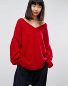 Asos Sweater In Oversized With V Neck - Red