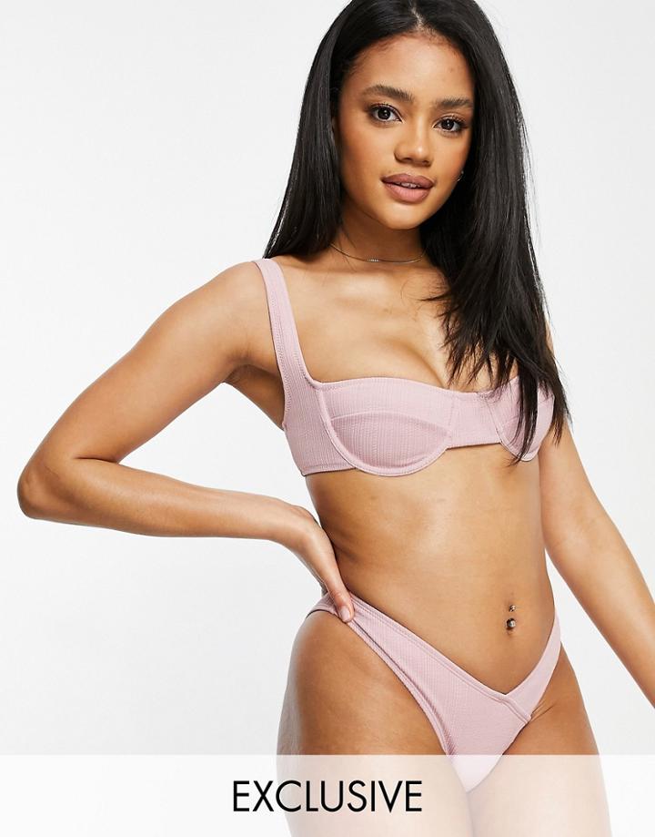 Fashion Union Exclusive Balconette Underwire Bikini Top In Soft Pink Rib