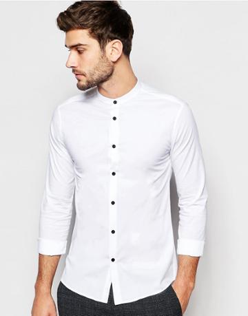Asos Skinny Fit Shirt With Grandad Collar And Contrast Buttons In Whit