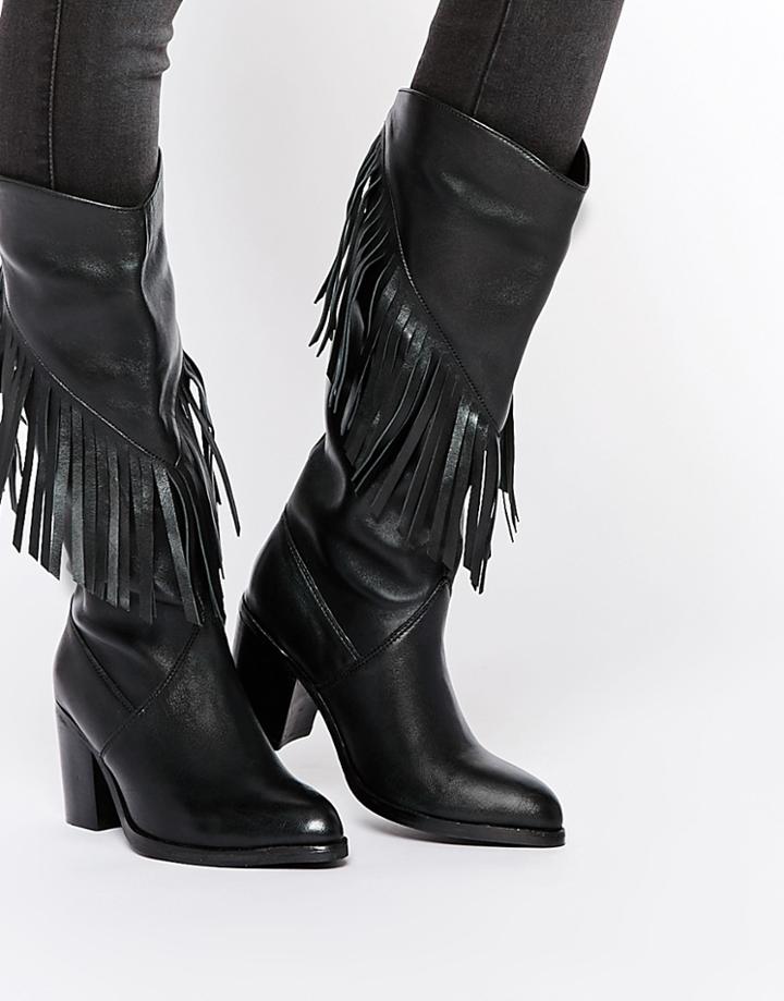 Asos Crazy Happy Suede Fringe Boots - Black