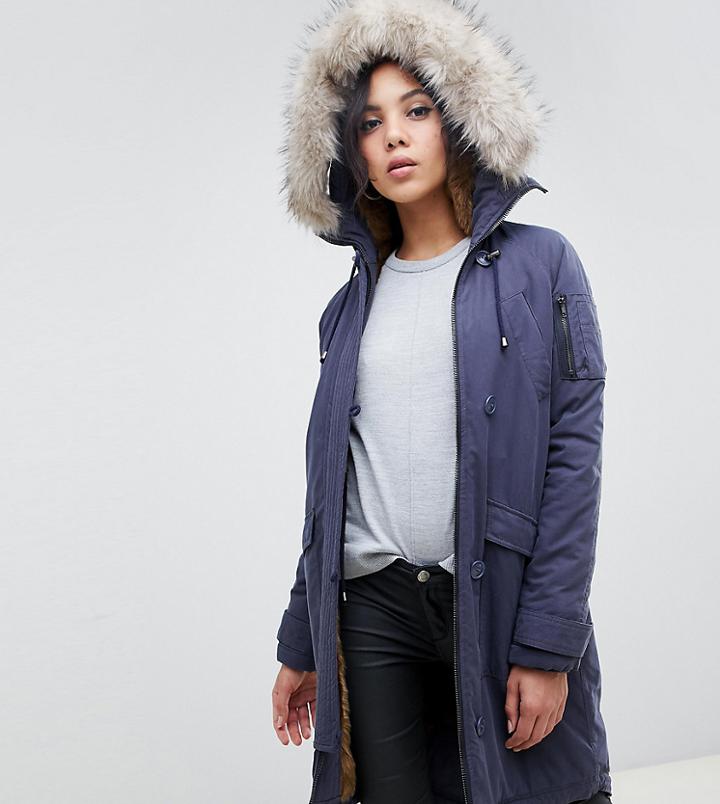 Asos Design Tall Luxe Parka With Faux Fur Trim-navy